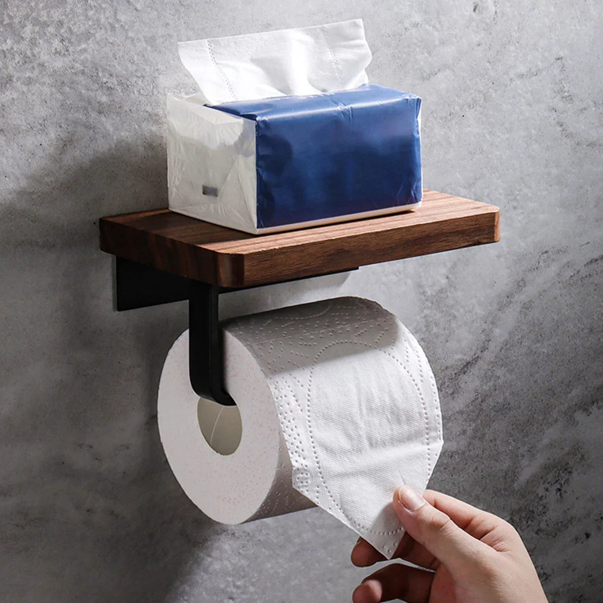 Wall-Mounted Walnut Toilet Paper Holder with Shelf