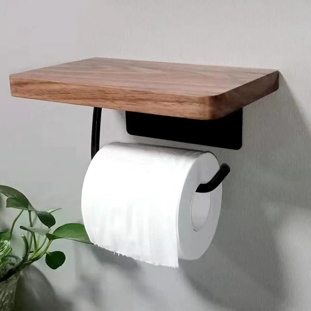 Wall-Mounted Walnut Toilet Paper Holder with Shelf