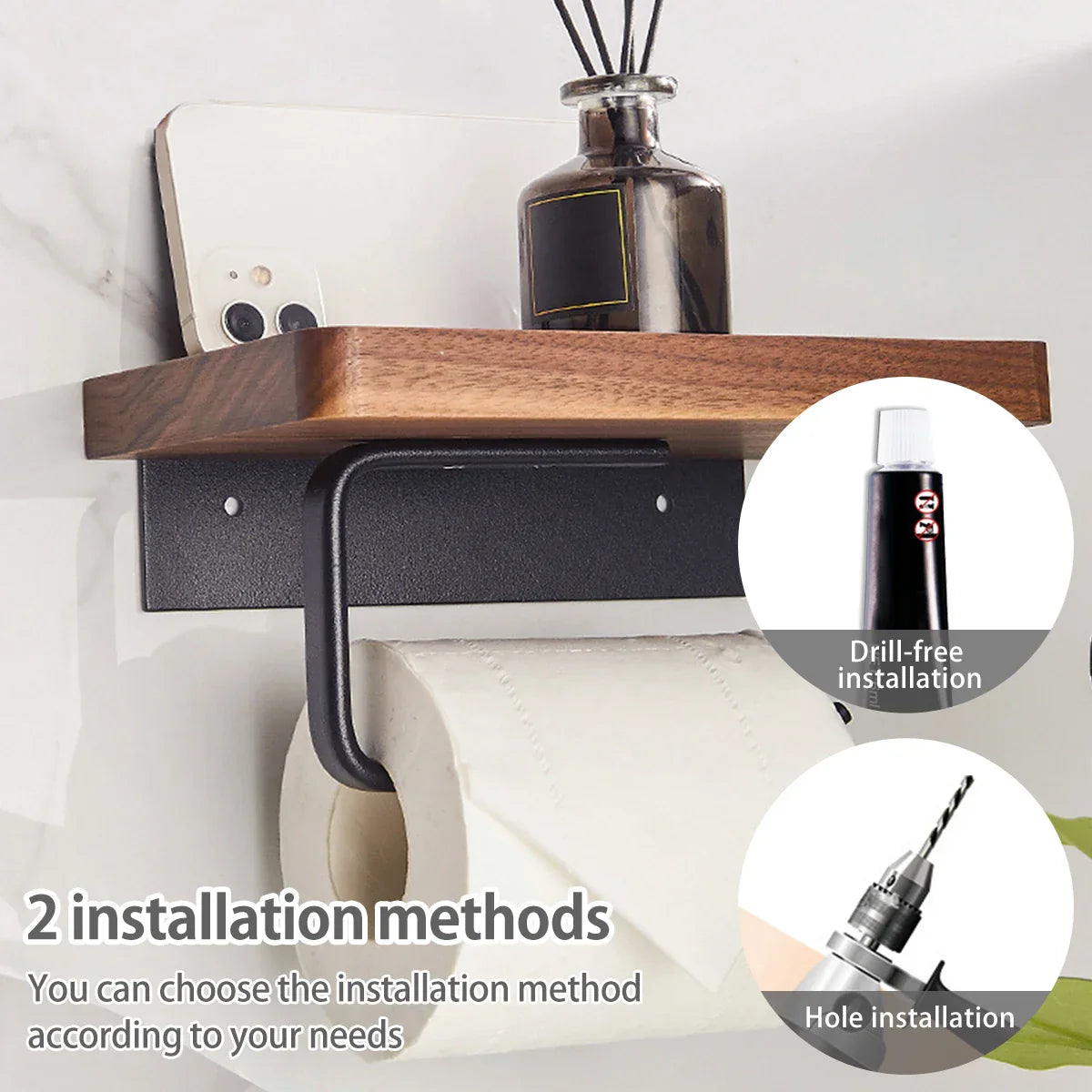 Wall-Mounted Walnut Toilet Paper Holder with Shelf