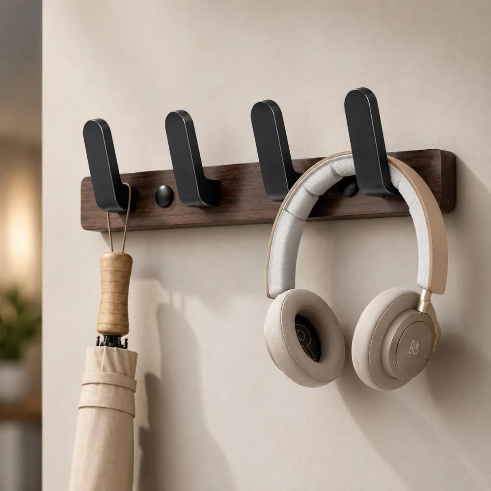 Walnut wood wall hooks rail - hooks coat hat hanger