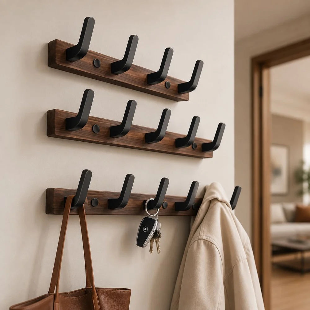 Walnut wood wall hooks rail - hooks coat hat hanger - view 4
