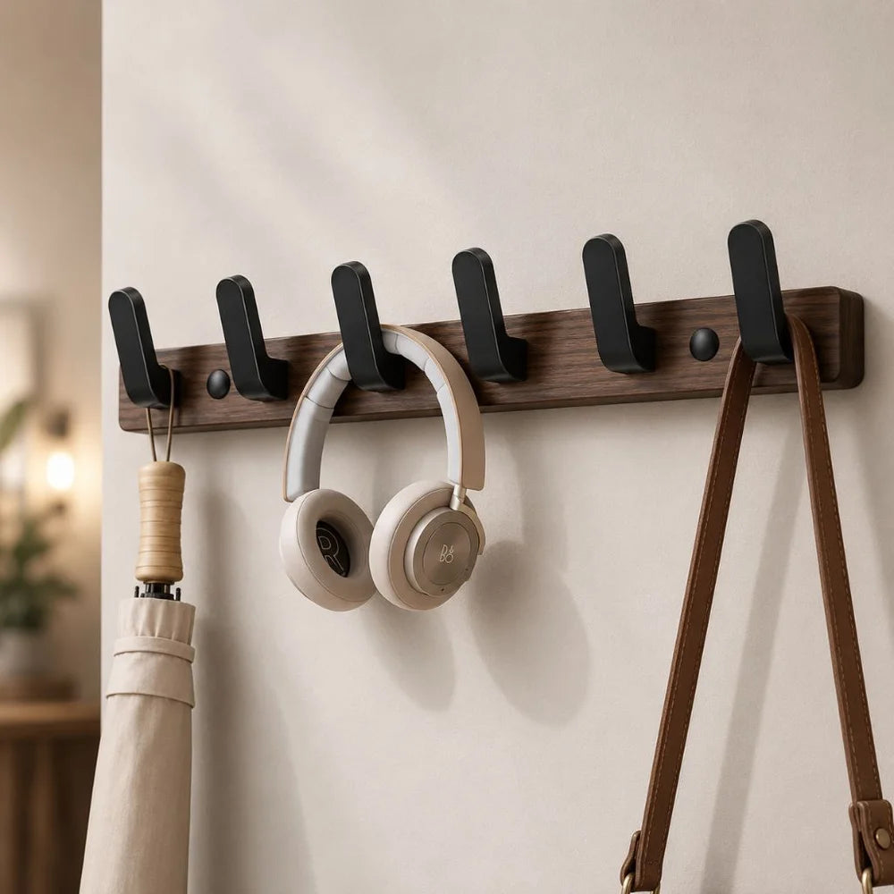 Walnut wood wall hooks rail - hooks coat hat hanger - view 13