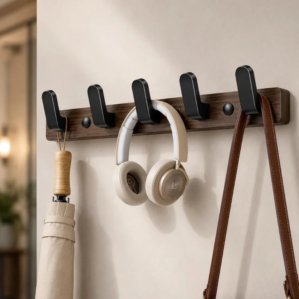 Walnut wood wall hooks rail - hooks coat hat hanger - view 14