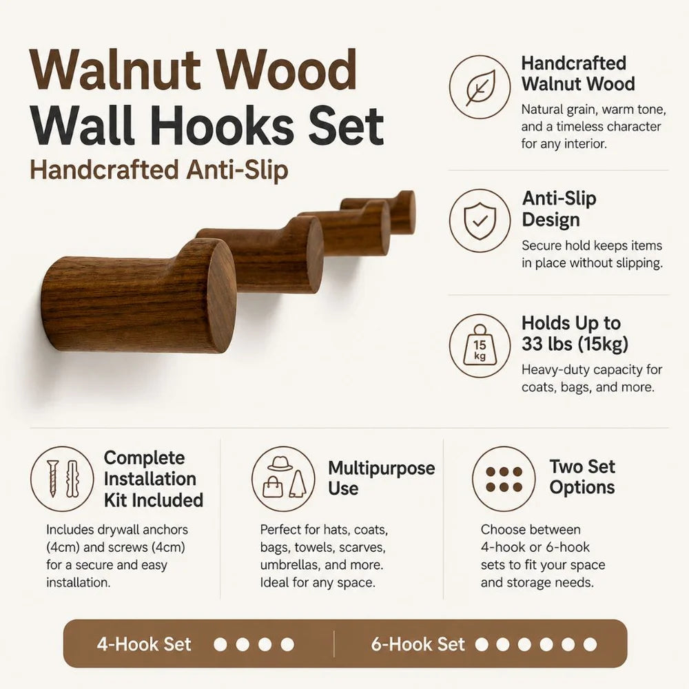 Walnut wood wall hooks set handcrafted anti-slip - view 3