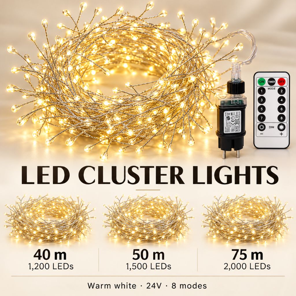 Warm White LED Cluster String Lights with Remote Control