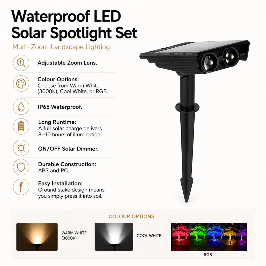 Waterproof LED Solar Spotlight Set - Multi-Zoom Landscape Lighting