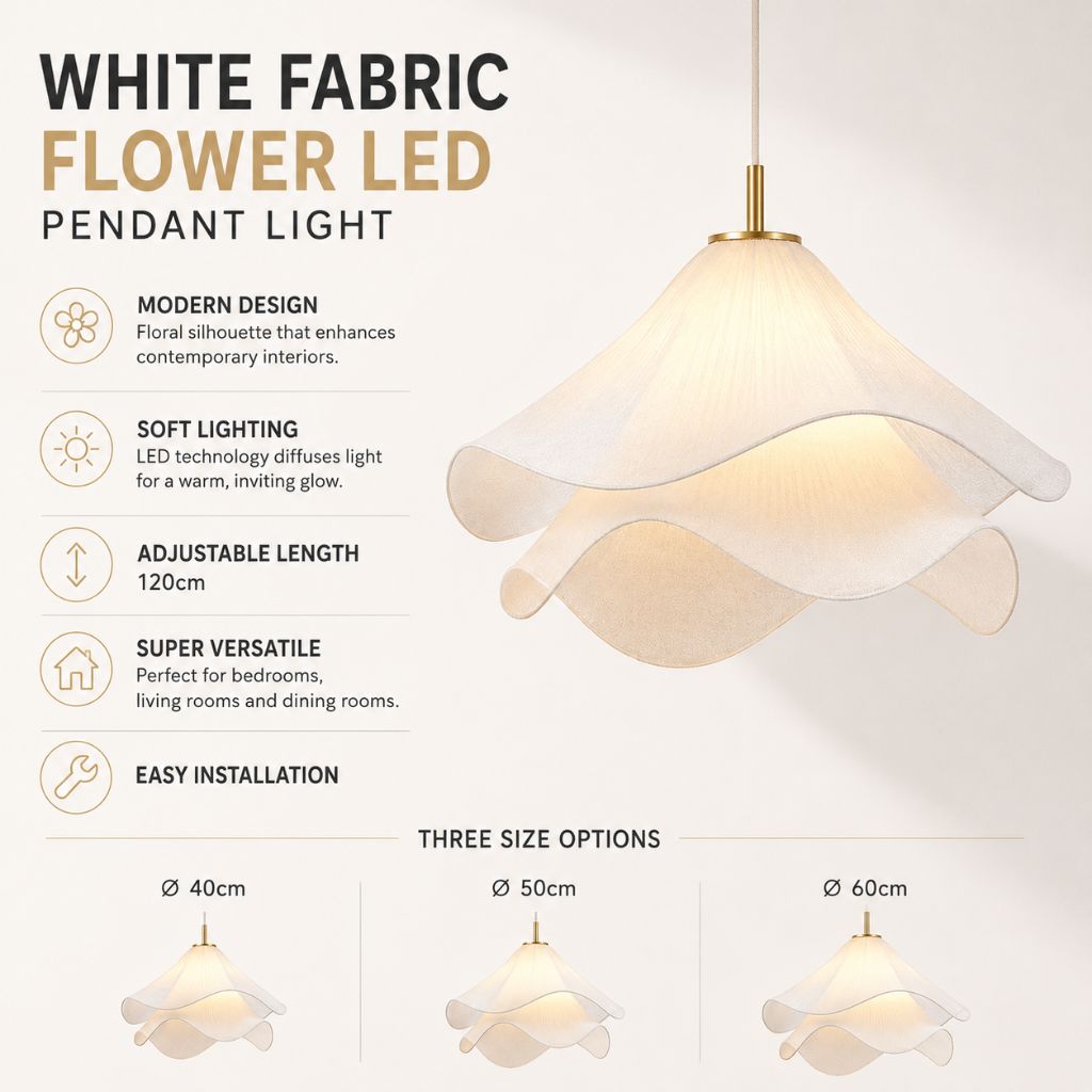 White Fabric Flower LED Pendant Light