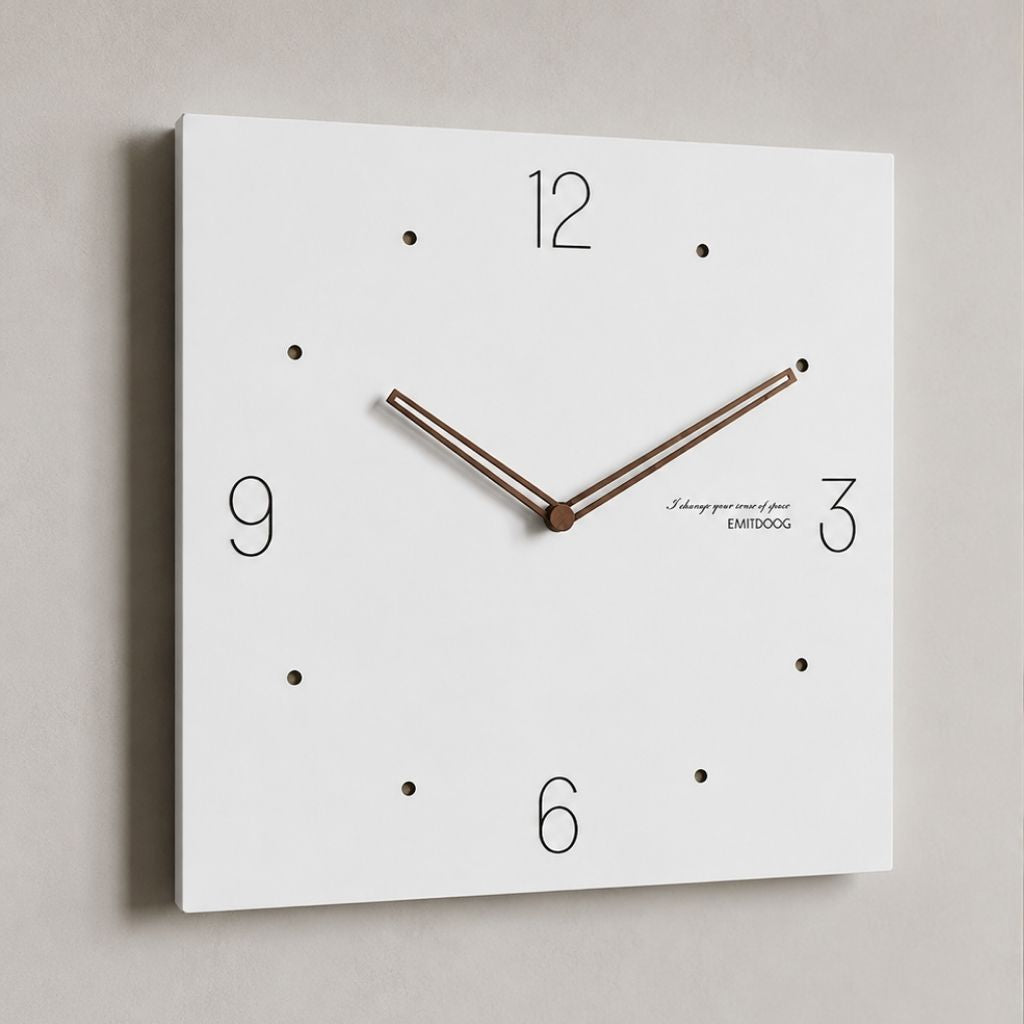 White Square Wall Clock with Walnut Hands