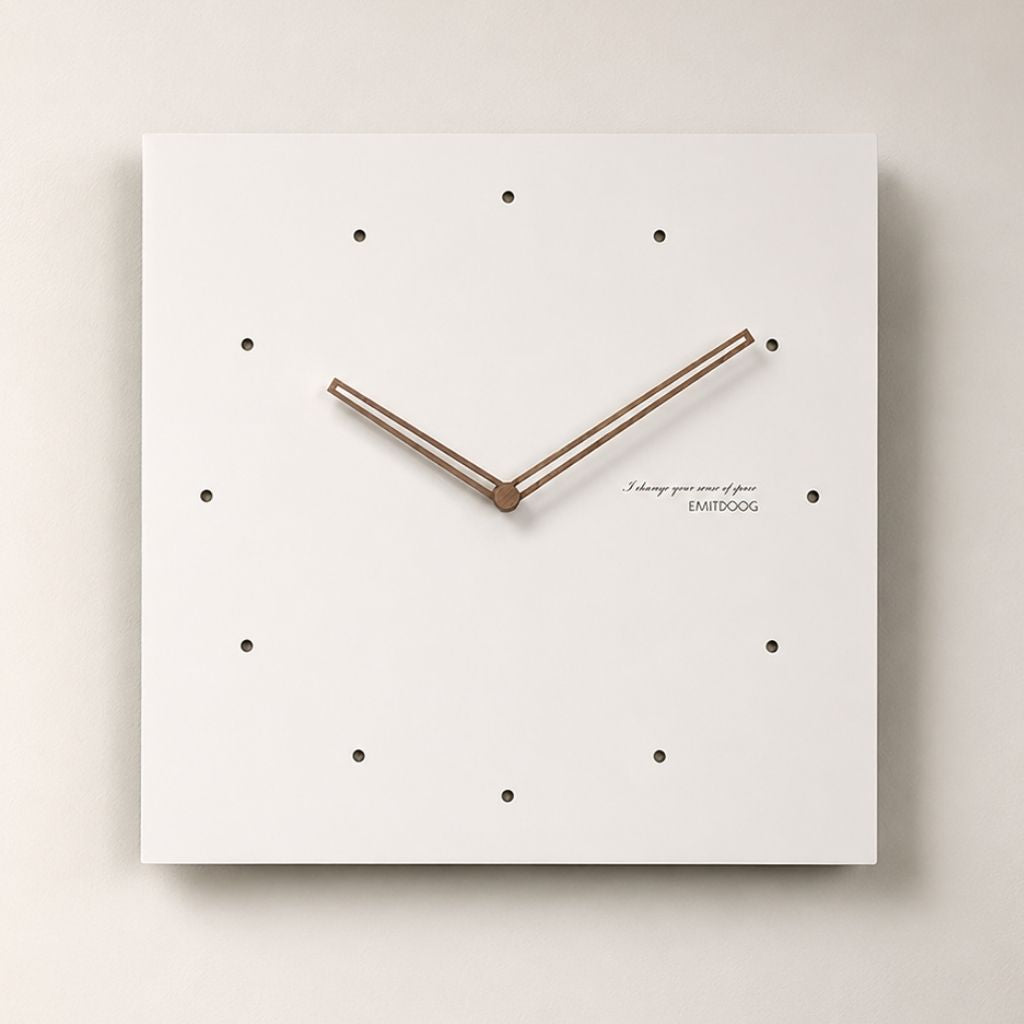 White Square Wall Clock with Walnut Hands