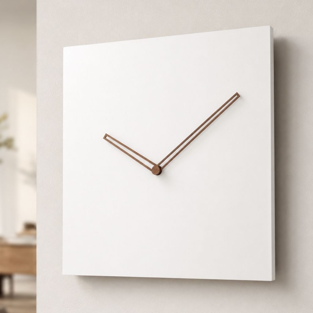 White Square Wall Clock with Walnut Hands