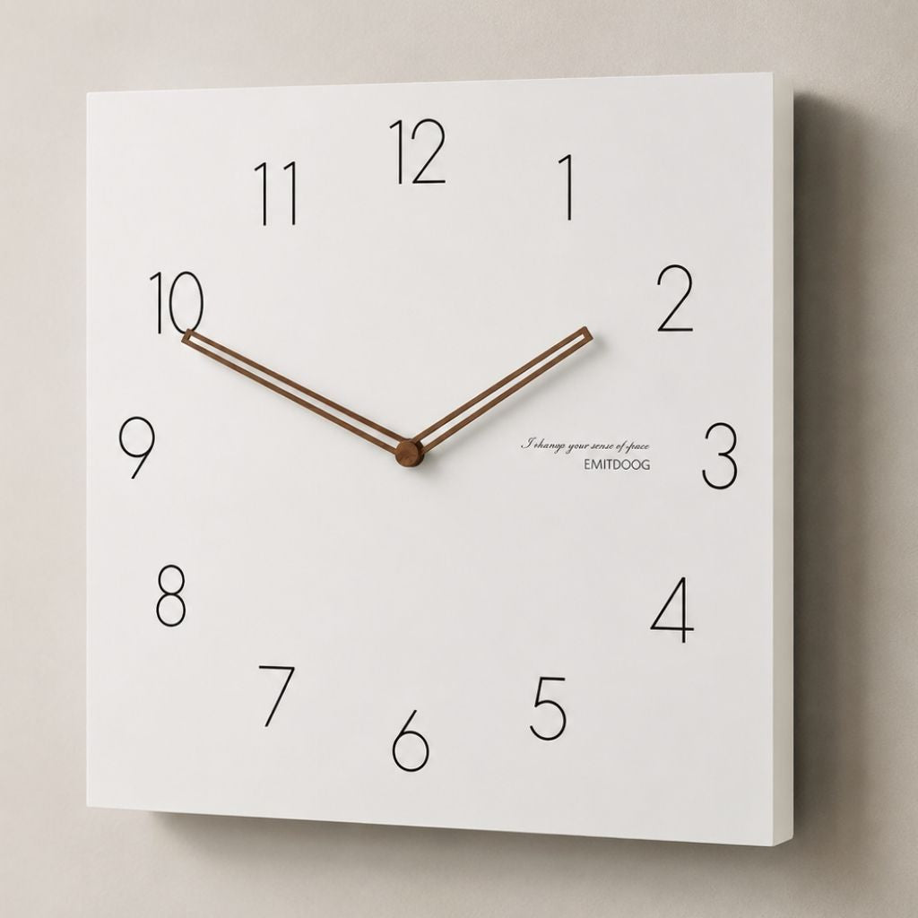 White Square Wall Clock with Walnut Hands