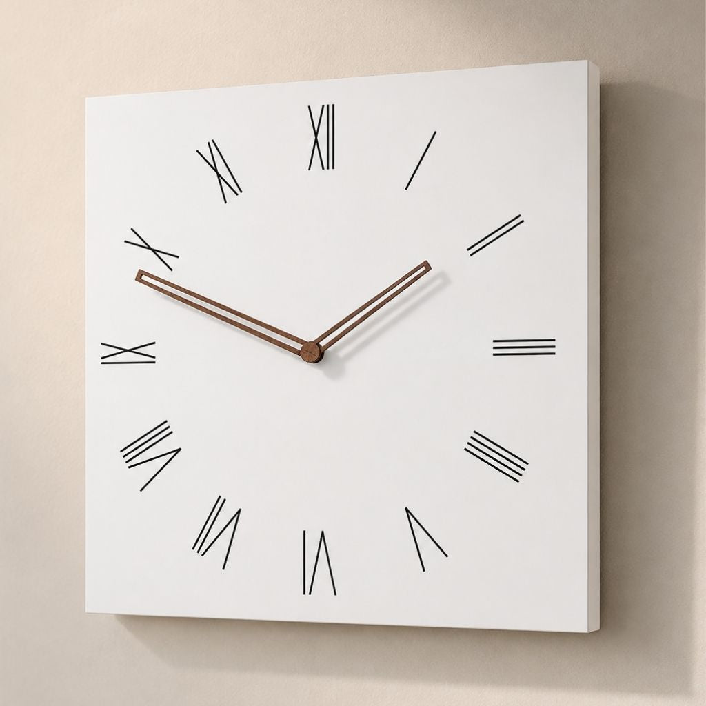 White Square Wall Clock with Walnut Hands