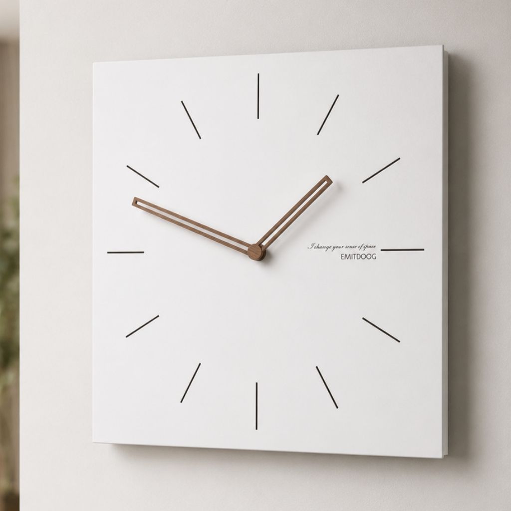 White Square Wall Clock with Walnut Hands