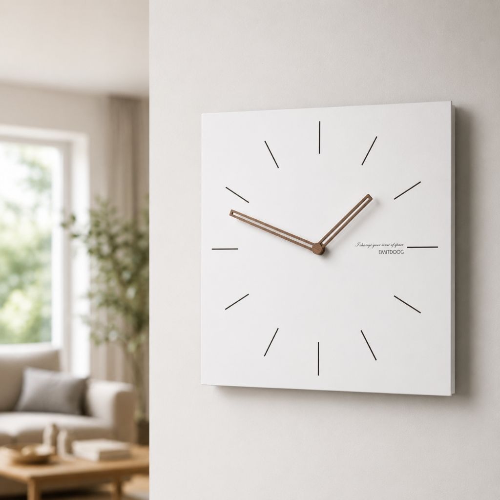 White Square Wall Clock with Walnut Hands