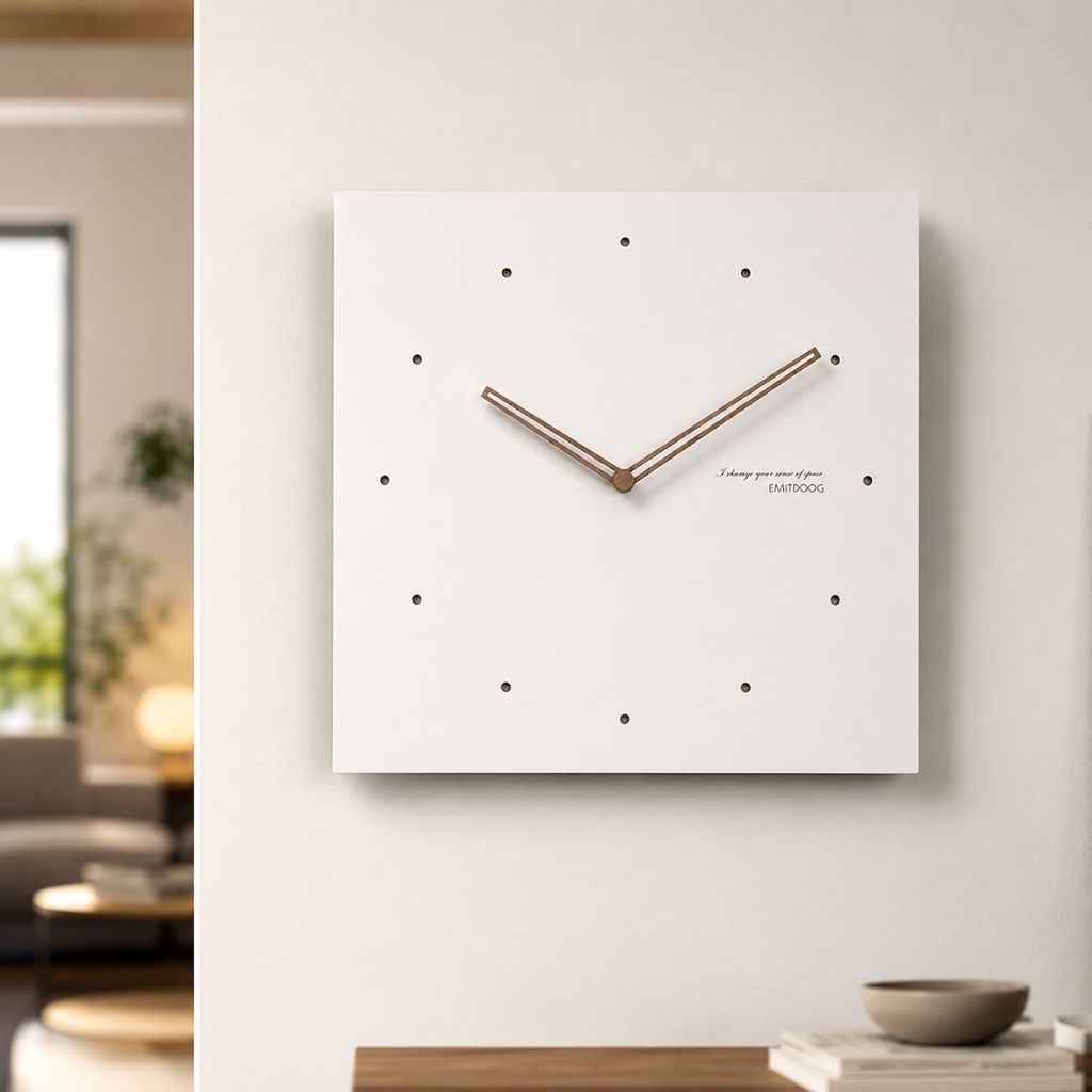 White Square Wall Clock with Walnut Hands