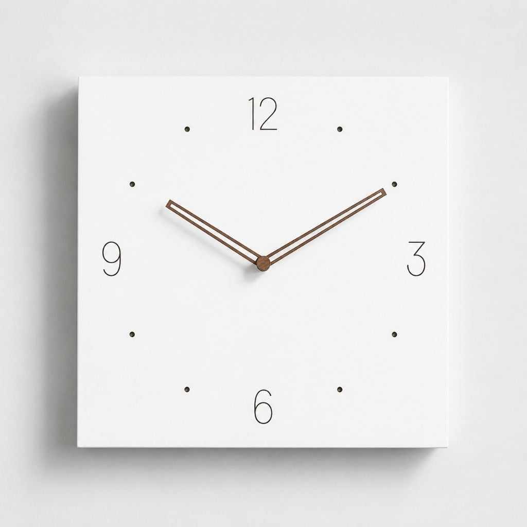 White Square Wall Clock with Walnut Hands