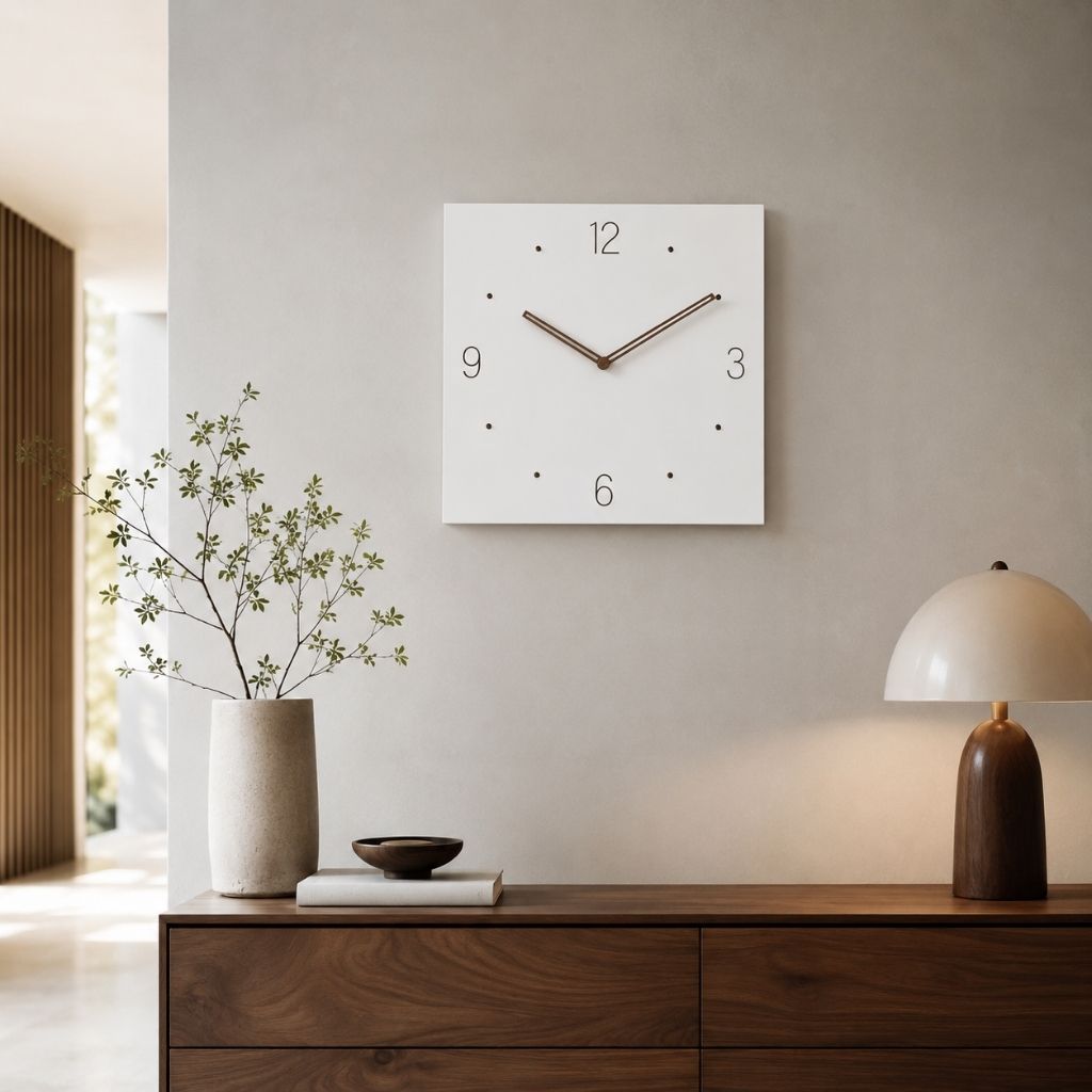 White Square Wall Clock with Walnut Hands