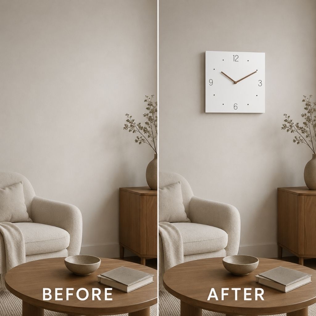White Square Wall Clock with Walnut Hands