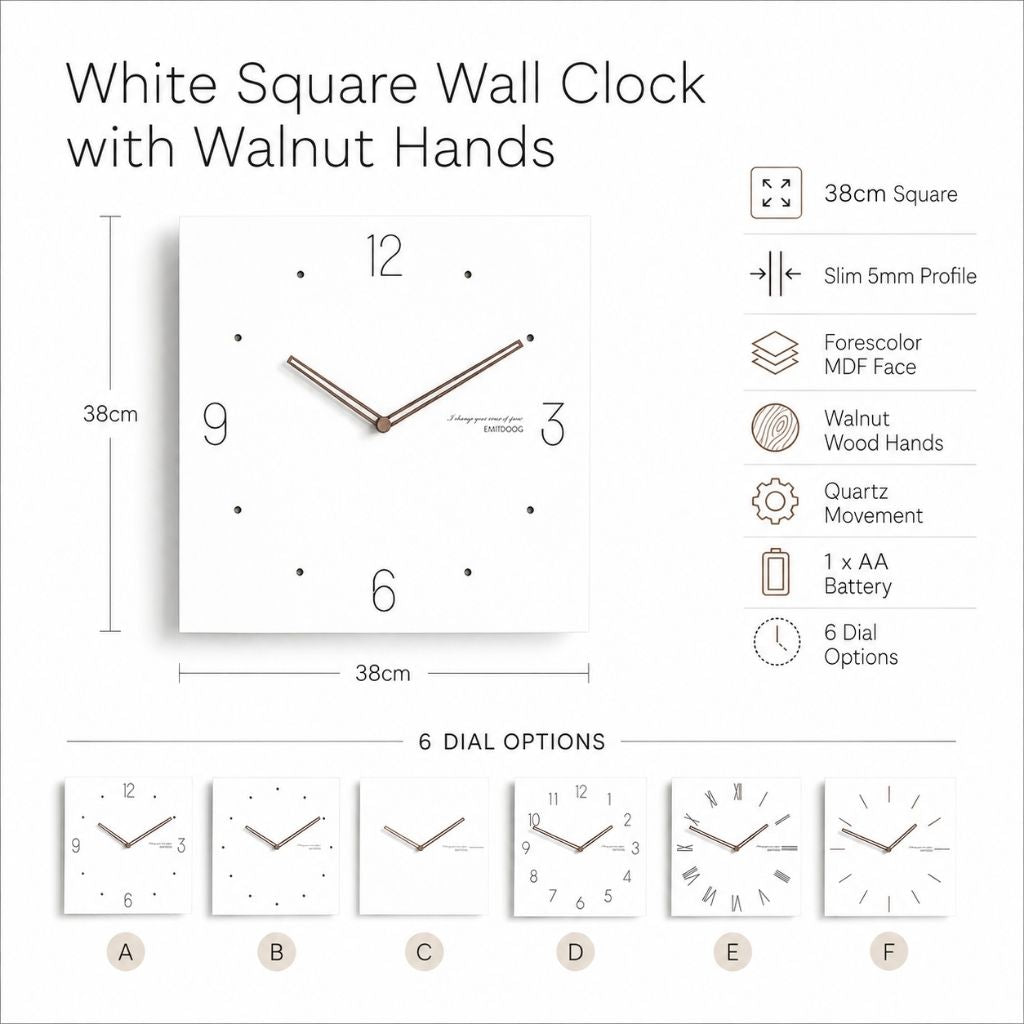 White Square Wall Clock with Walnut Hands
