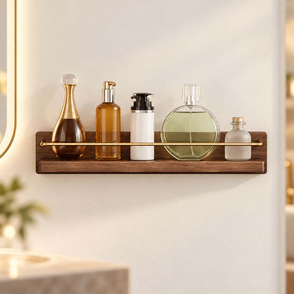 Wood and Brass Bathroom Wall Shelf with Towel Rail