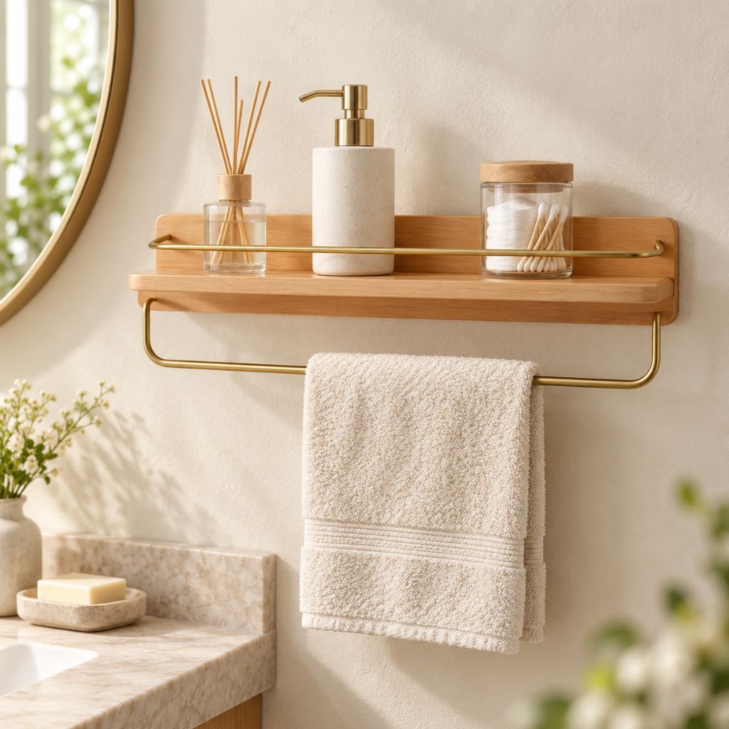 Wood and Brass Bathroom Wall Shelf with Towel Rail