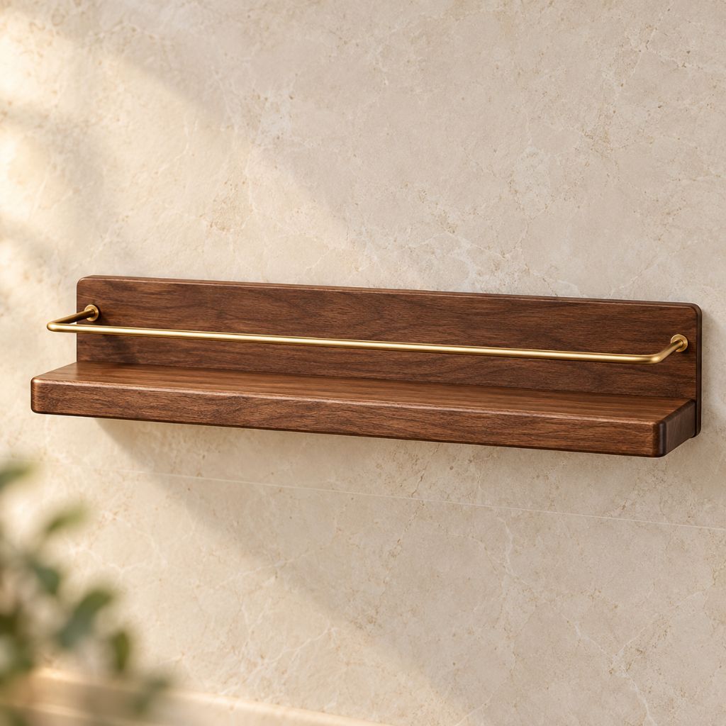 Wood and Brass Bathroom Wall Shelf with Towel Rail
