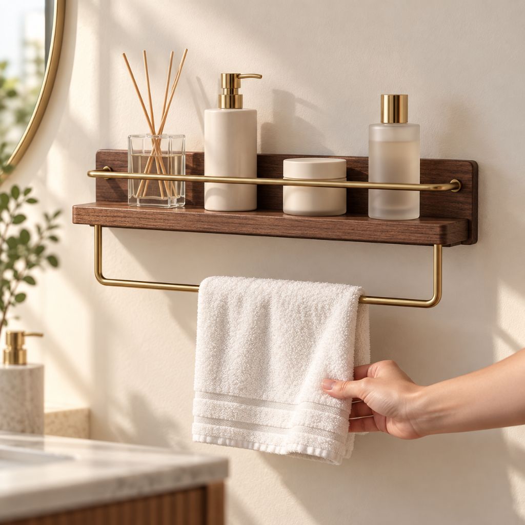Wood and Brass Bathroom Wall Shelf with Towel Rail