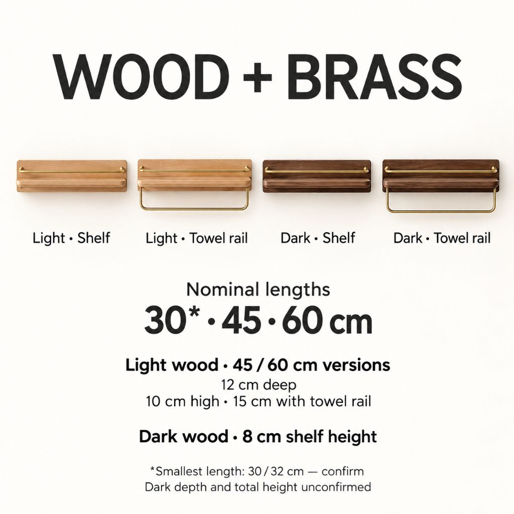 Wood and Brass Bathroom Wall Shelf with Towel Rail