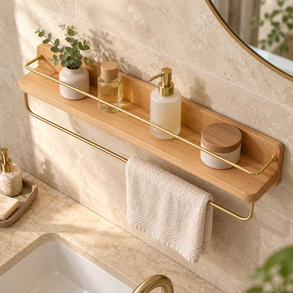 Wood and Brass Bathroom Wall Shelf with Towel Rail