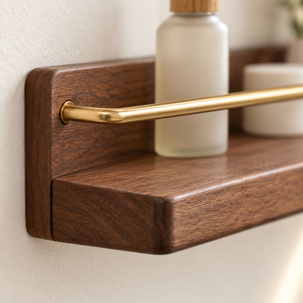 Wood and Brass Bathroom Wall Shelf with Towel Rail