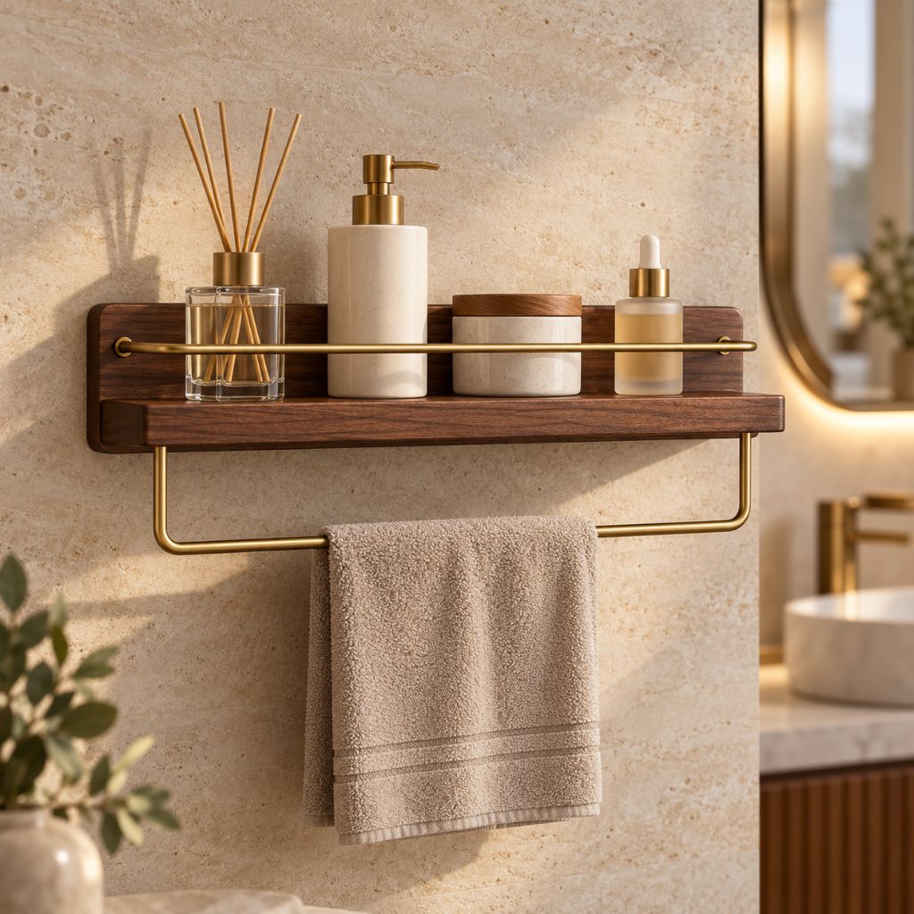 Wood and Brass Bathroom Wall Shelf with Towel Rail