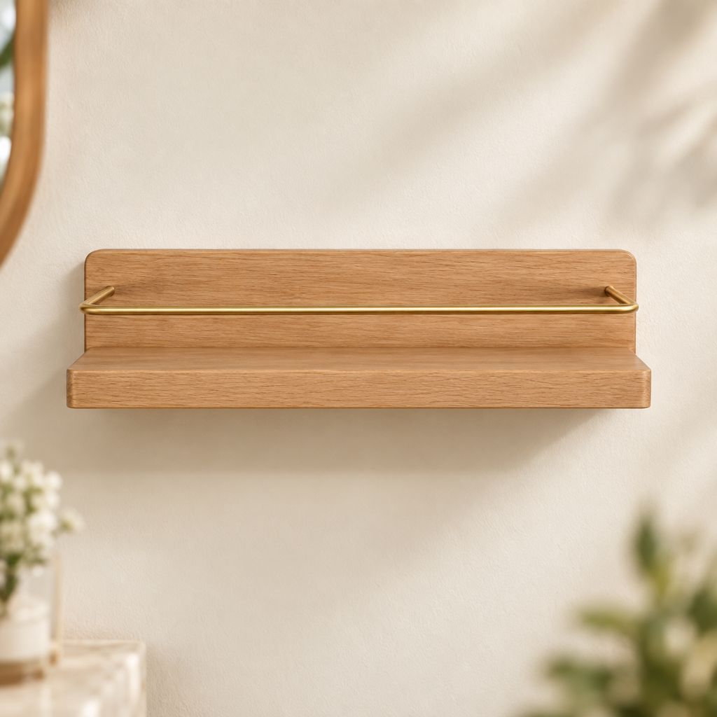 Wood and Brass Bathroom Wall Shelf with Towel Rail