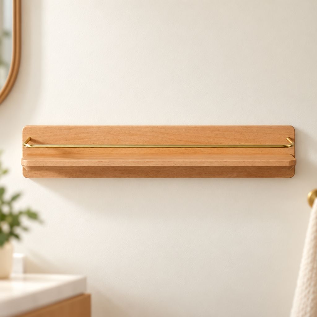 Wood and Brass Bathroom Wall Shelf with Towel Rail