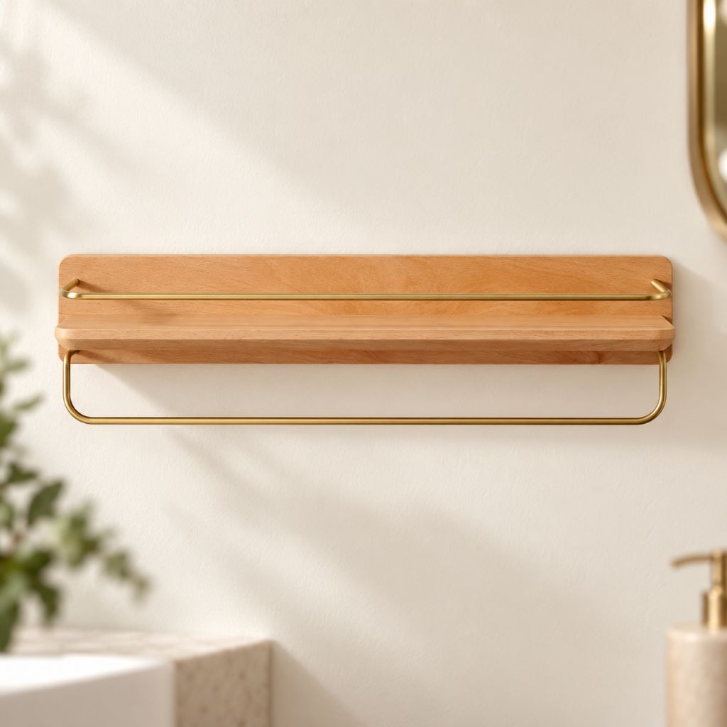 Wood and Brass Bathroom Wall Shelf with Towel Rail