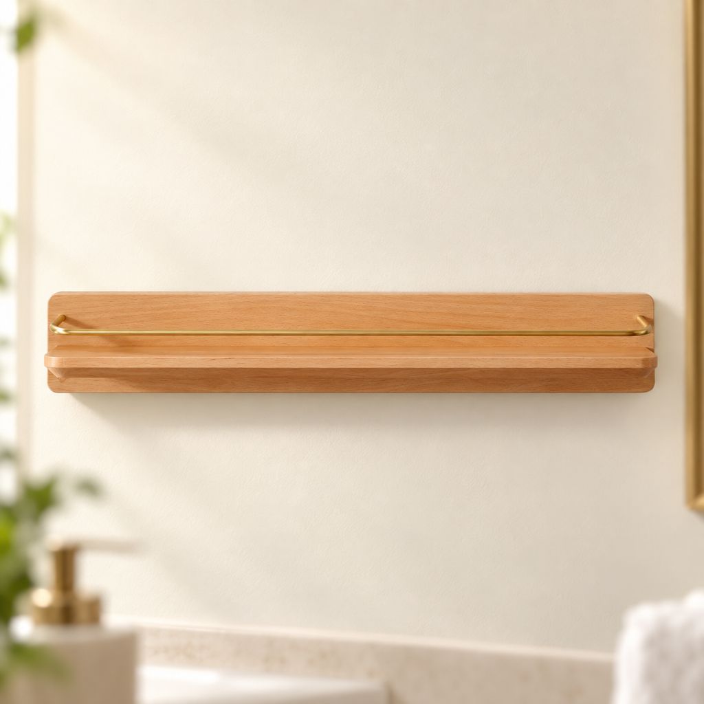 Wood and Brass Bathroom Wall Shelf with Towel Rail