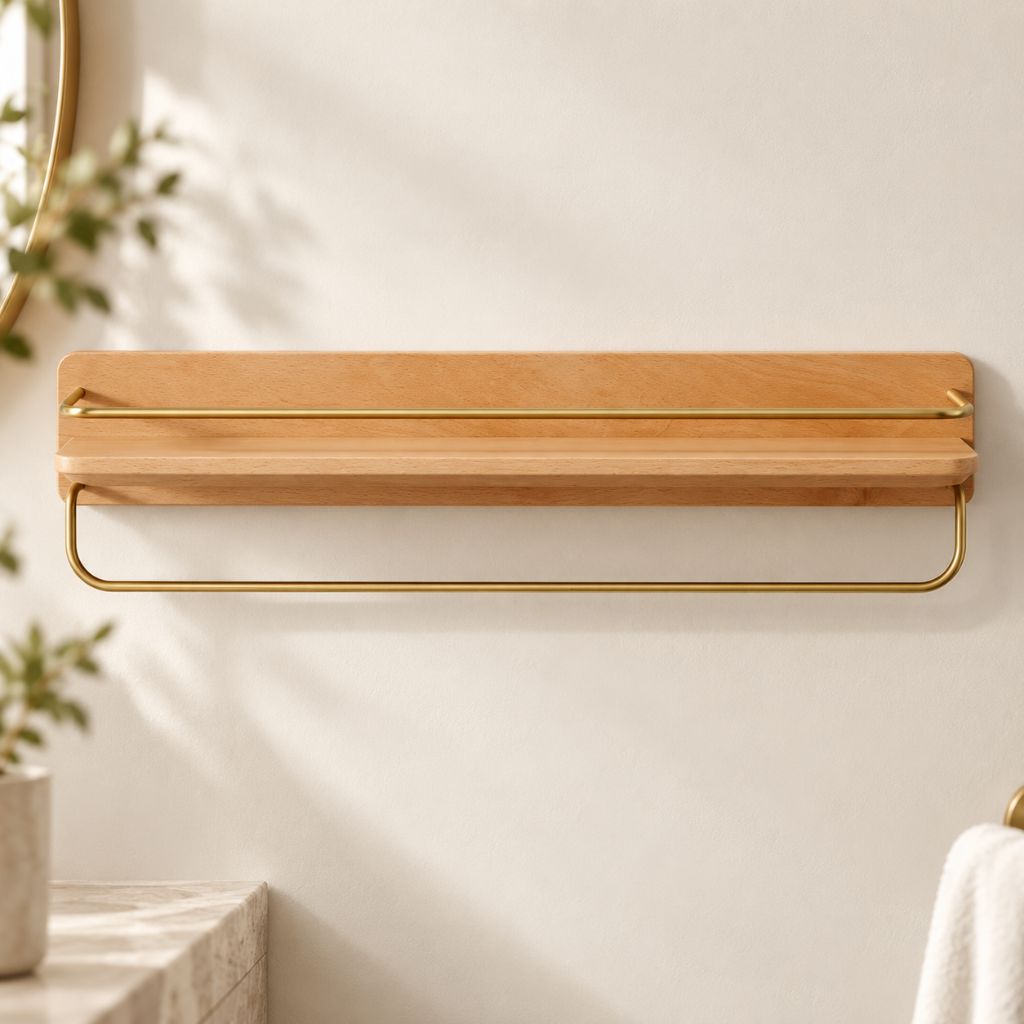 Wood and Brass Bathroom Wall Shelf with Towel Rail
