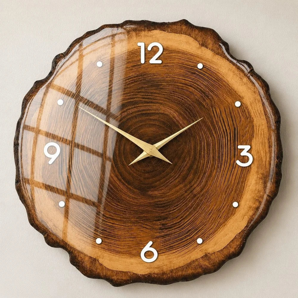 Wood slice large wall clock - rustic tree ring design