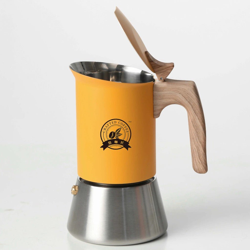 Yellow Induction Moka Pot Coffee Maker - Stainless Steel Nordic Design with Wooden Handle - Lattea Global