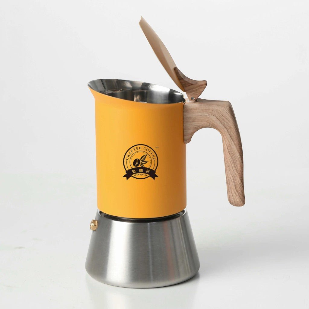Yellow Induction Moka Pot Coffee Maker - Stainless Steel Nordic Design with Wooden Handle - Lattea Global