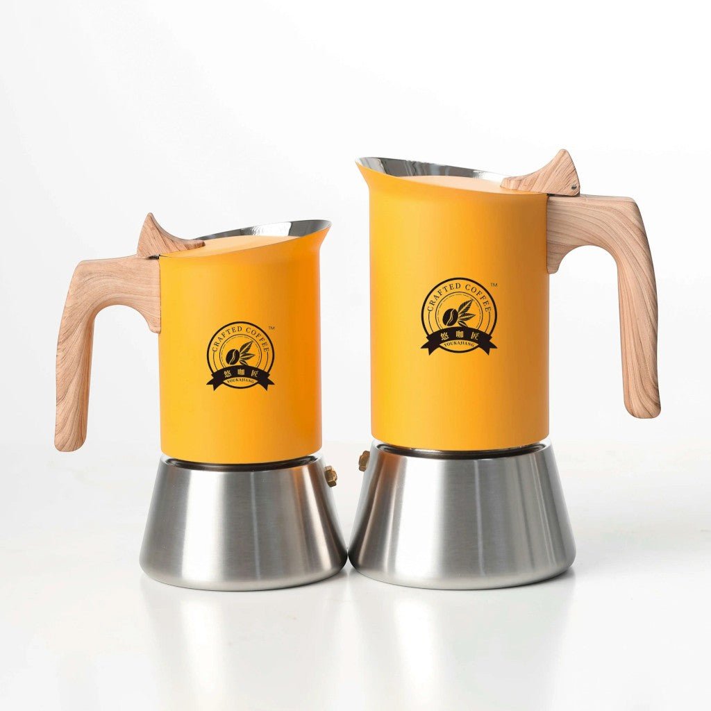 Yellow Induction Moka Pot Coffee Maker - Stainless Steel Nordic Design with Wooden Handle - Lattea Global