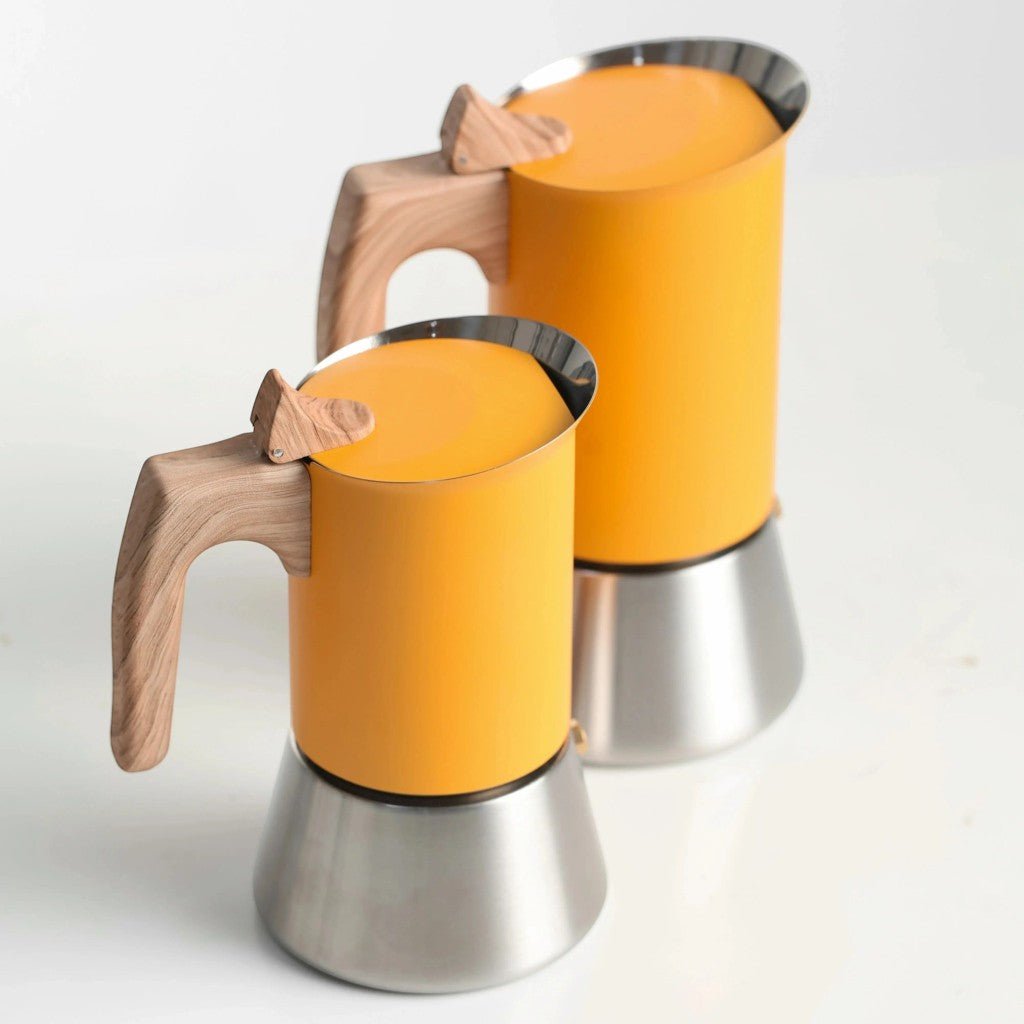 Yellow Induction Moka Pot Coffee Maker - Stainless Steel Nordic Design with Wooden Handle - Lattea Global