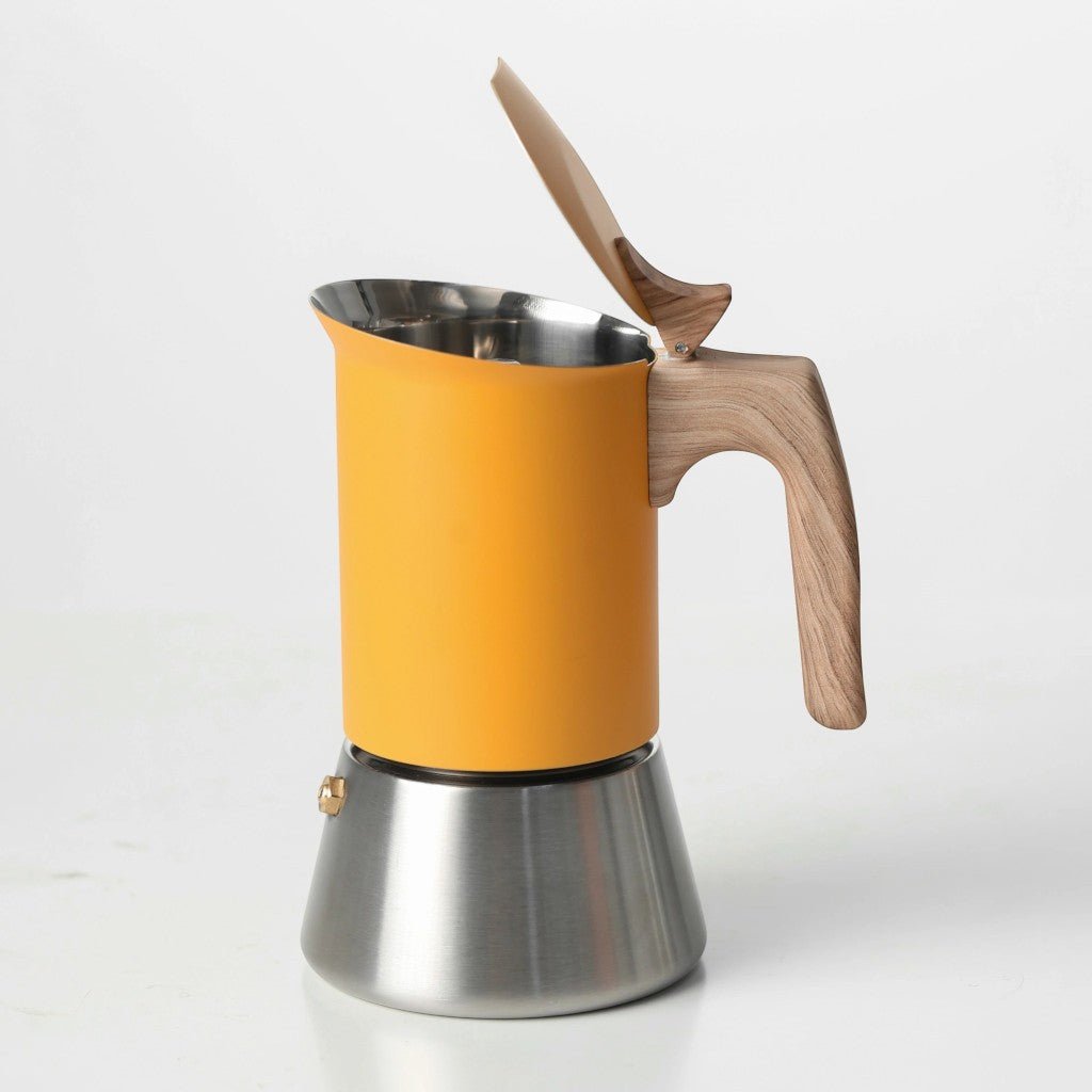 Yellow Induction Moka Pot Coffee Maker - Stainless Steel Nordic Design with Wooden Handle - Lattea Global